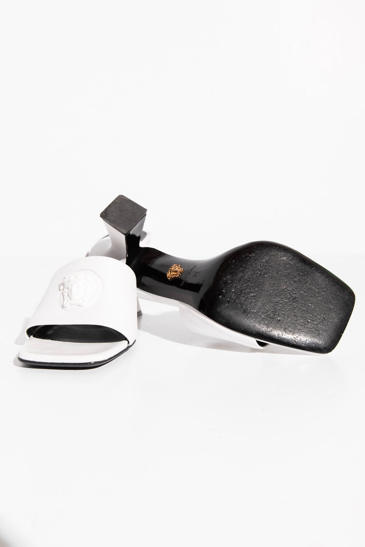 VERSACE White Medusa Blunt Toe Heeled Mules (Sz. 36)