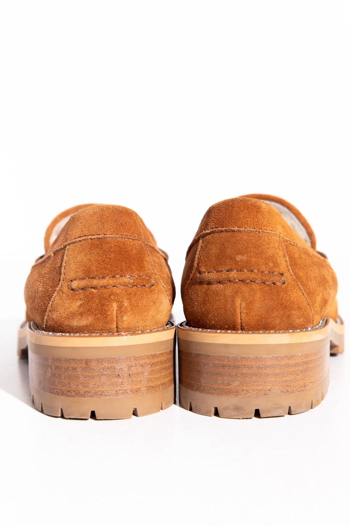 JIMMY CHOO Tan Suede Rhinestone Sole Shearling-Lined Loafer (Sz. 37)