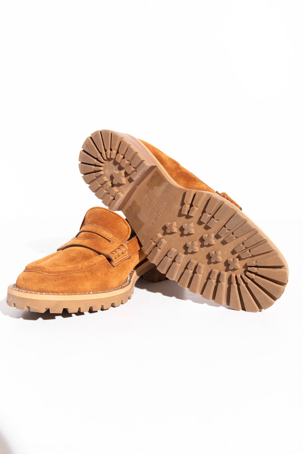 JIMMY CHOO Tan Suede Rhinestone Sole Shearling-Lined Loafer (Sz. 37)