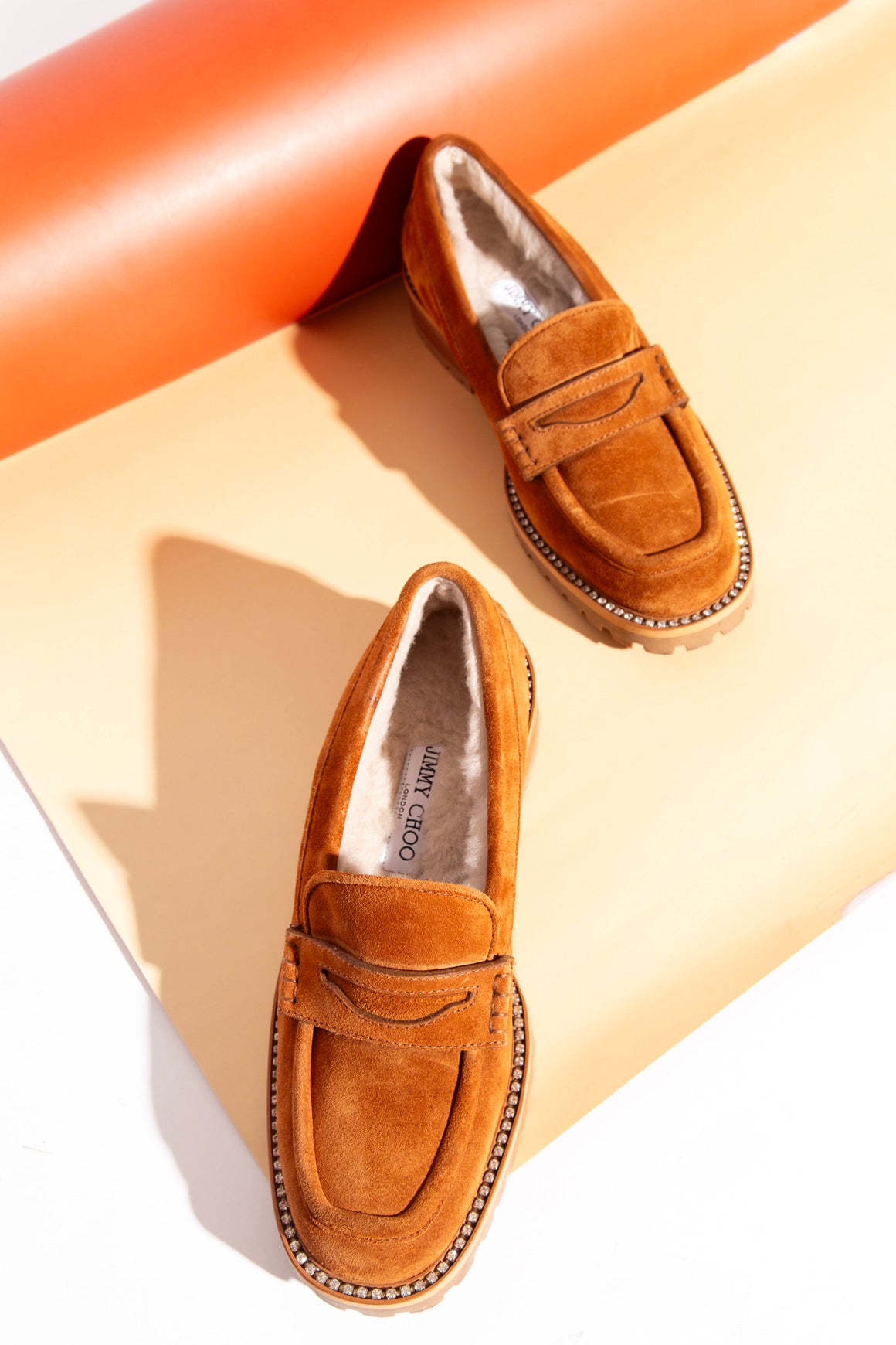 JIMMY CHOO Tan Suede Rhinestone Sole Shearling-Lined Loafer (Sz. 37)