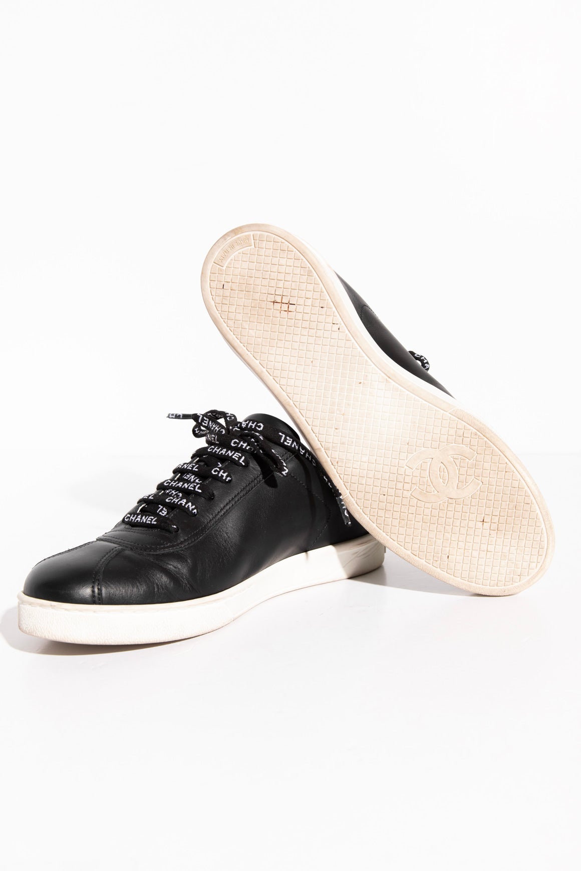 CHANEL Black Leather Logo Lace Sneakers (Sz. 40)