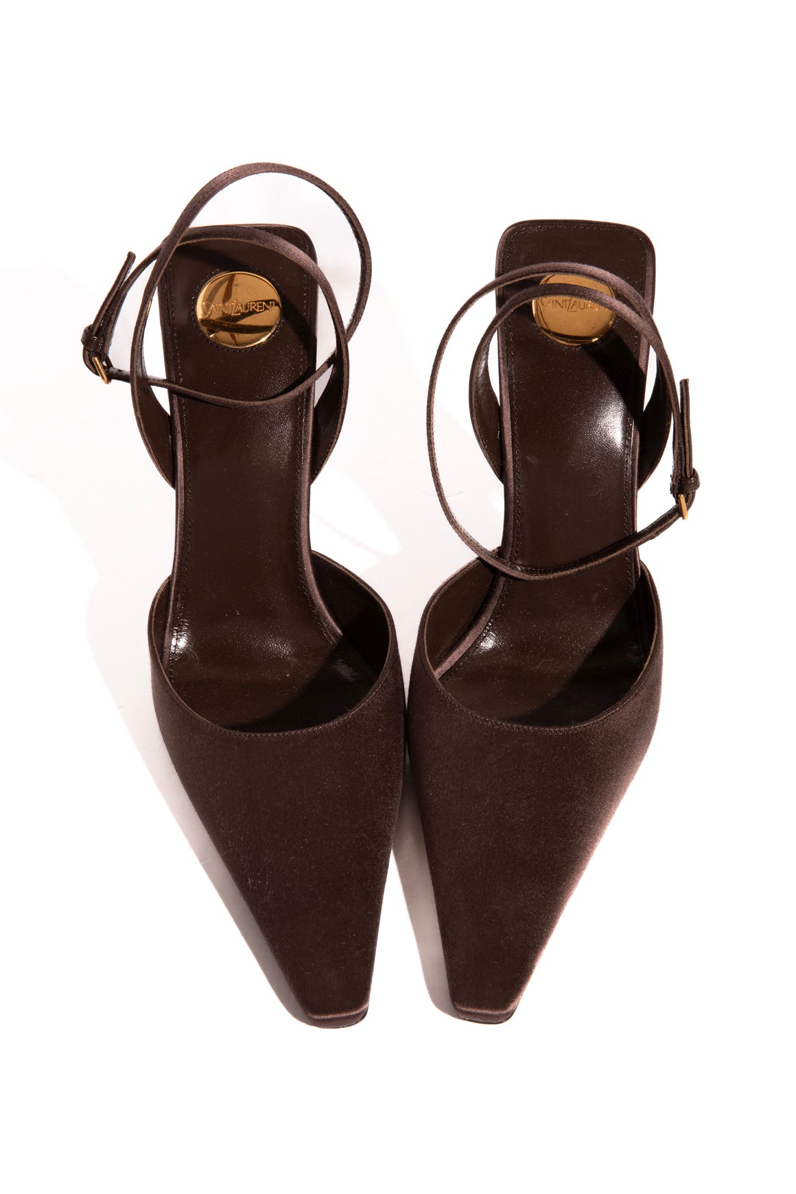 SAINT LAURENT Brown Satin Pointed Toe Heels (Sz. 40)