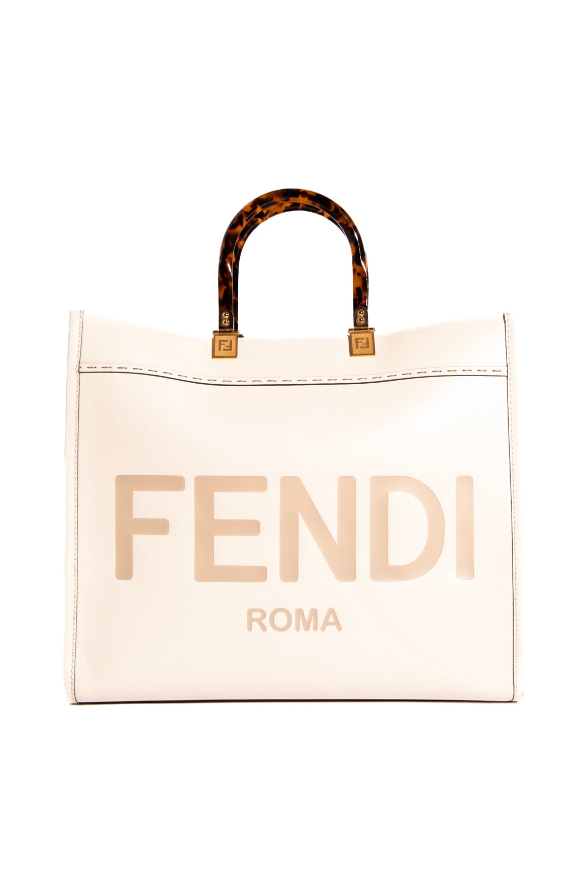 FENDI Ivory Leather Tortoise Leather Tote Bag