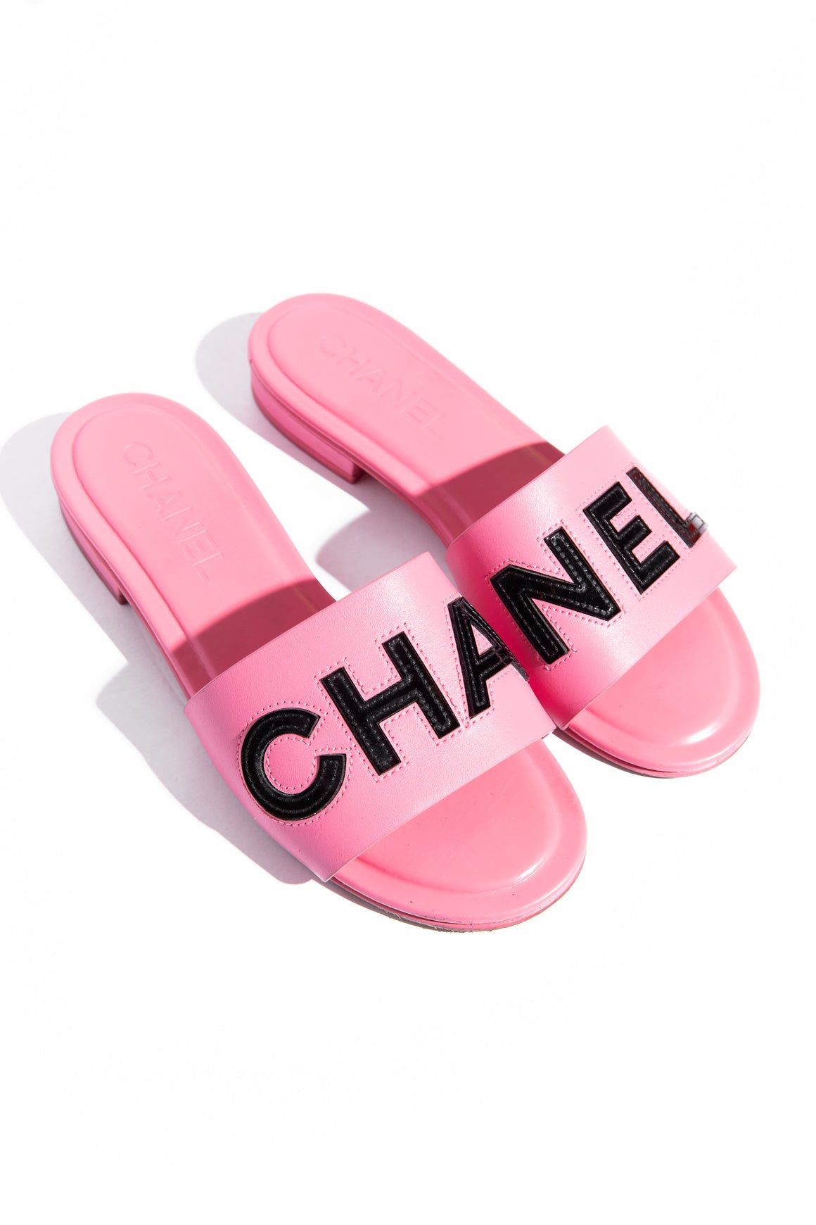 CHANEL Pink Leather Logo Slide Sandals (Sz. 37)