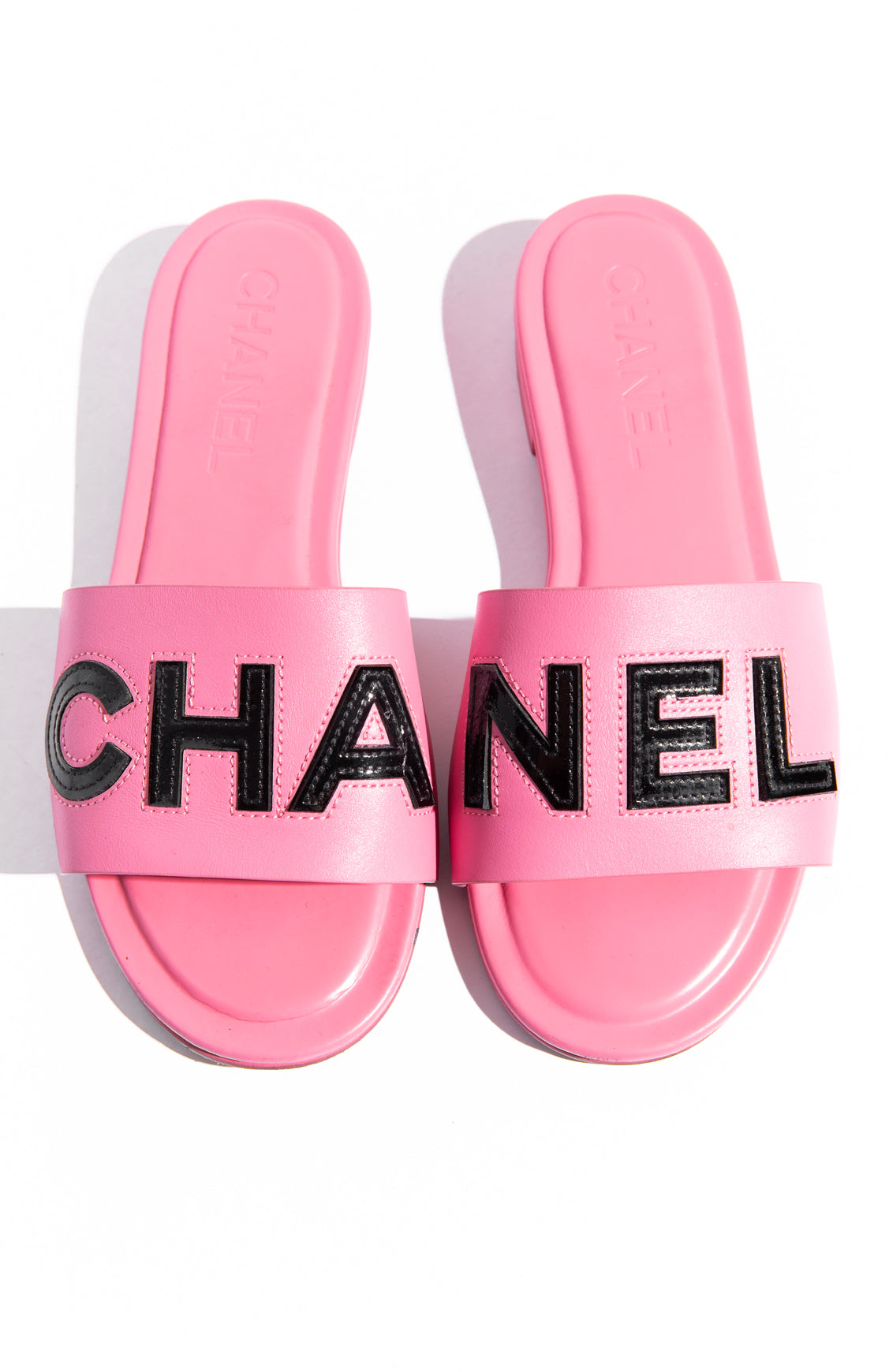 CHANEL Pink Leather Logo Slide Sandals (Sz. 37)