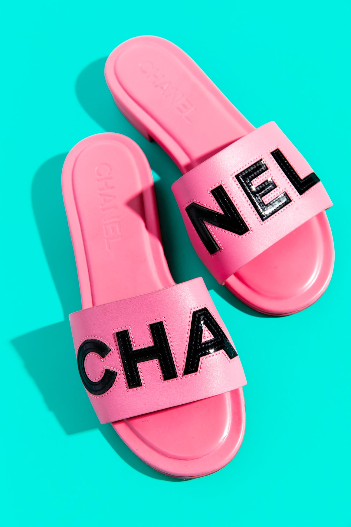 CHANEL Pink Leather Logo Slide Sandals (Sz. 37)