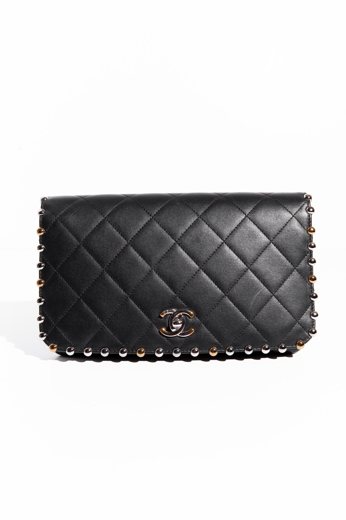 CHANEL Black Quilted Leather Studded Clutch