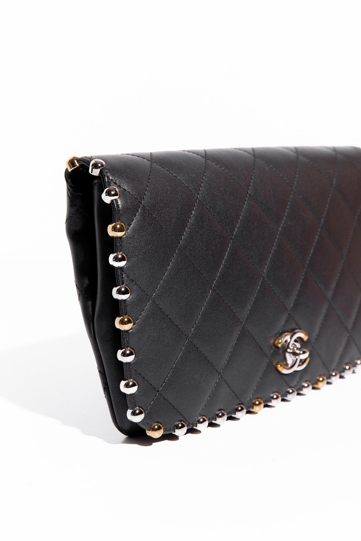 CHANEL Black Quilted Leather Studded Clutch