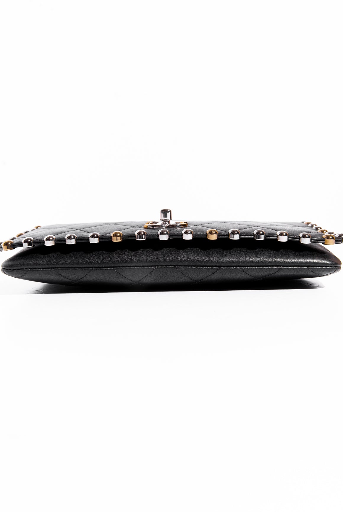 CHANEL Black Quilted Leather Studded Clutch