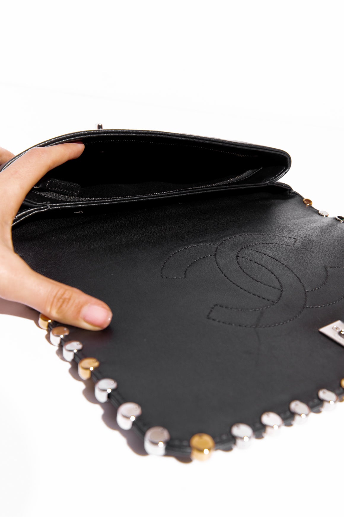 CHANEL Black Quilted Leather Studded Clutch