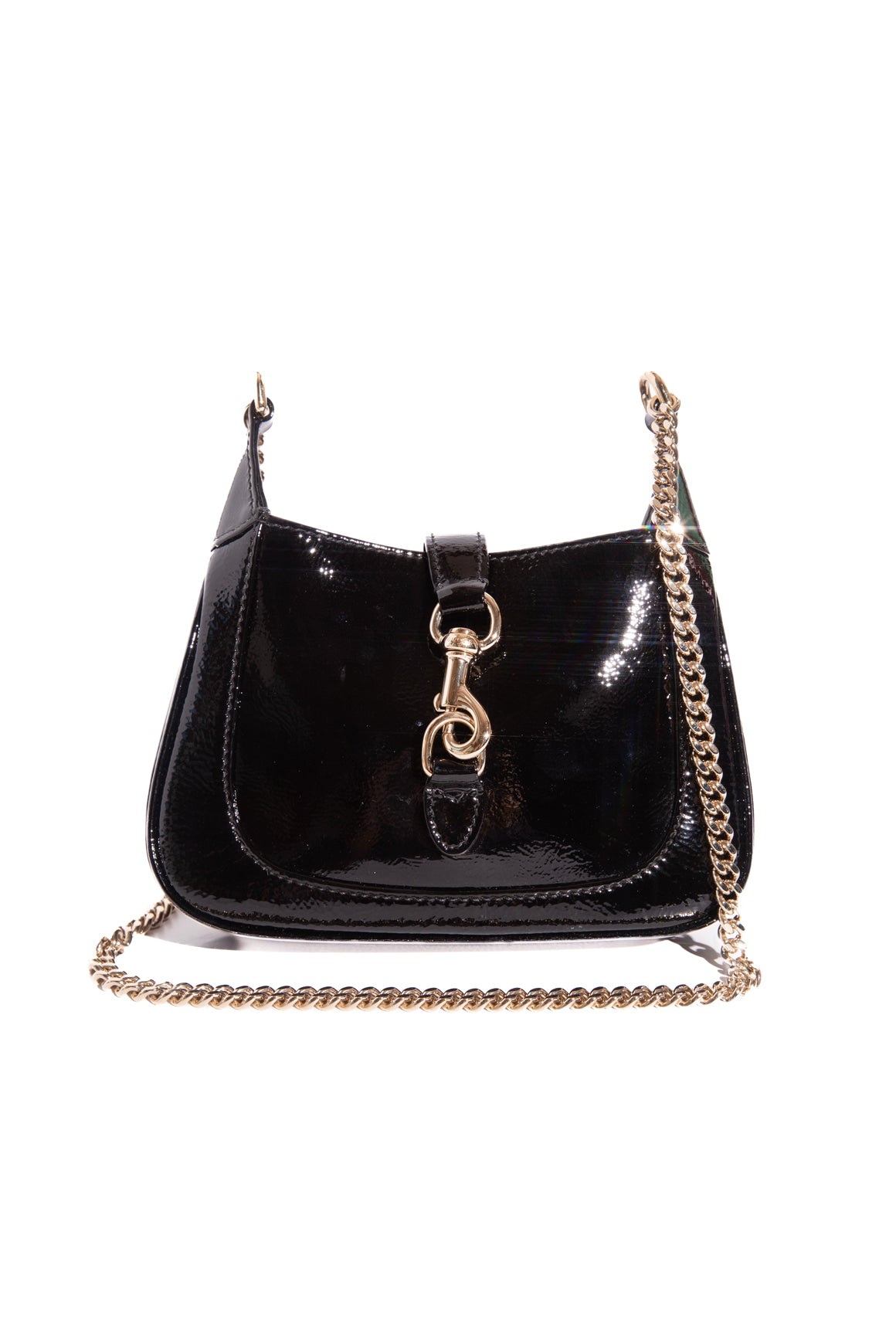 GUCCI Black Patent Mini Jackie Notte W/ Gold Chain Strap
