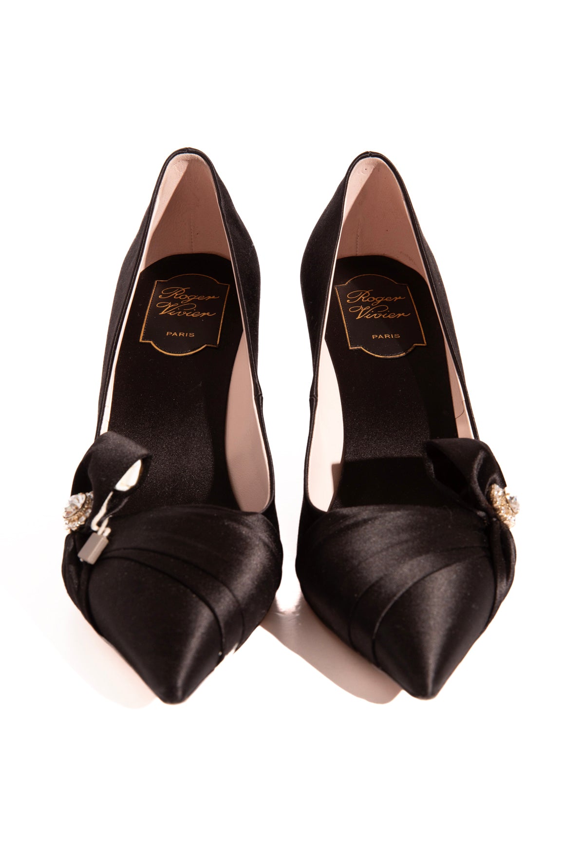 ROGER VIVIER Black Satin Crystal Bow Pumps (Sz. 38)