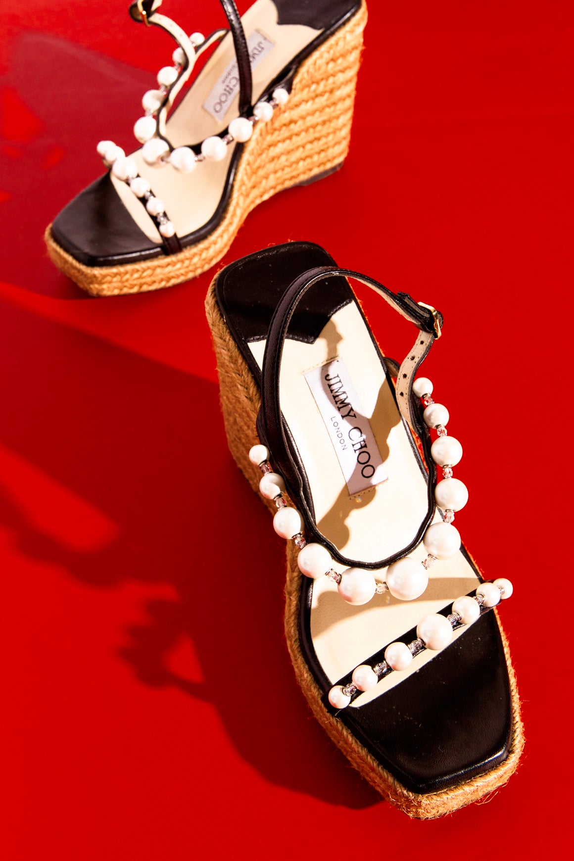 JIMMY CHOO Black Pearl Espadrille Wedges (Sz. 36.5)