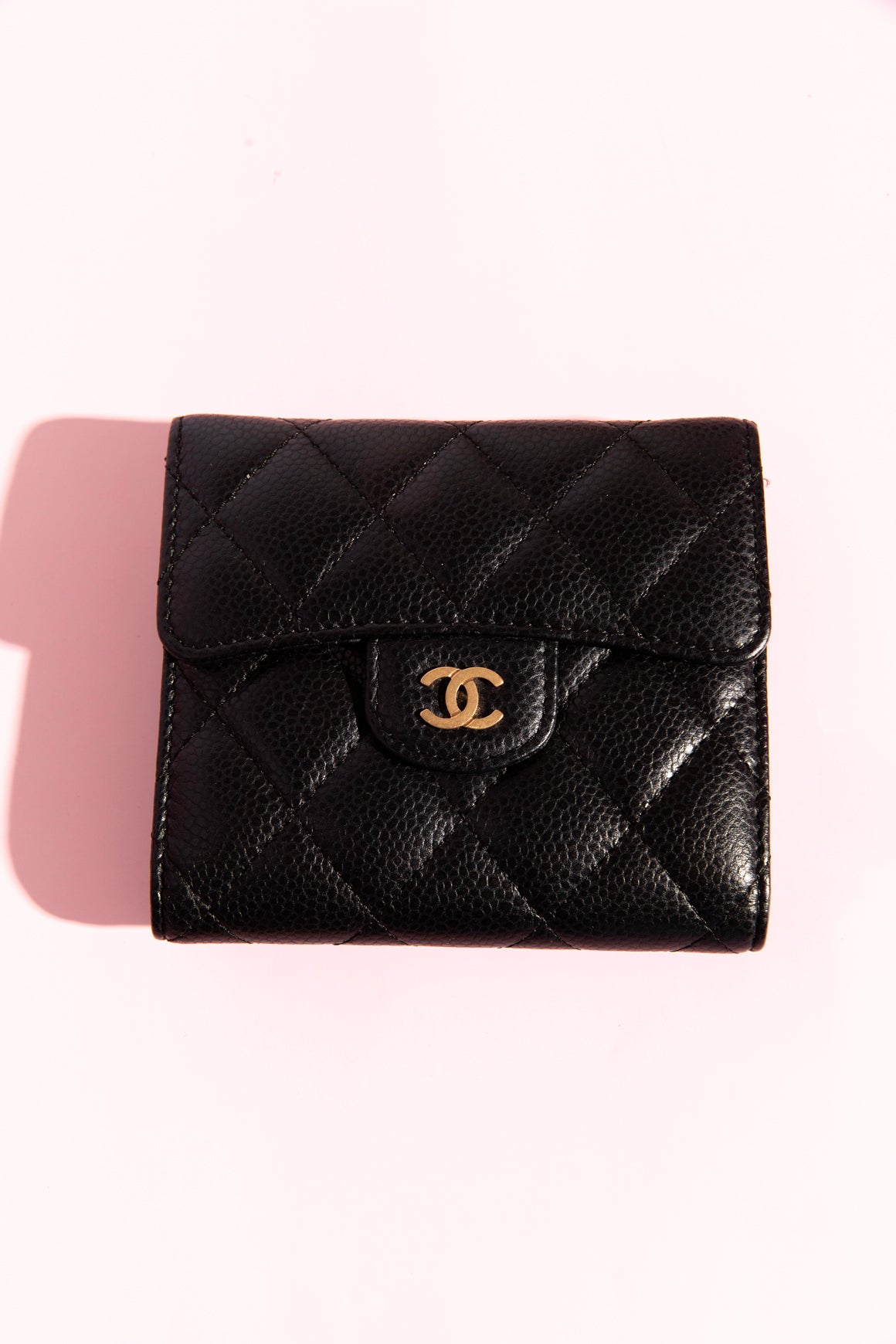 CHANEL Black Caviar Quilted Compact Wallet