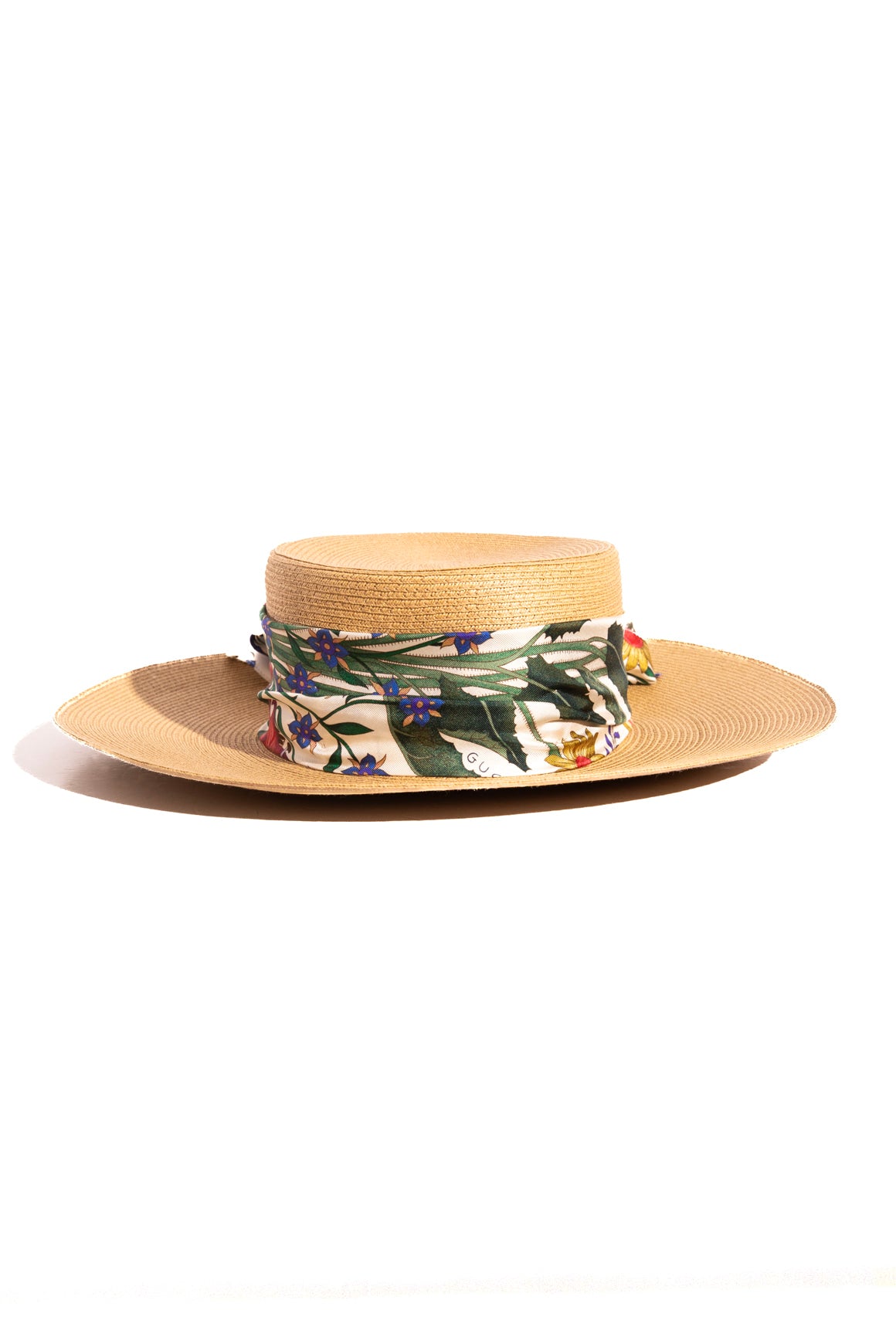 GUCCI Raffia Straw Hat With Silk Scarf Band