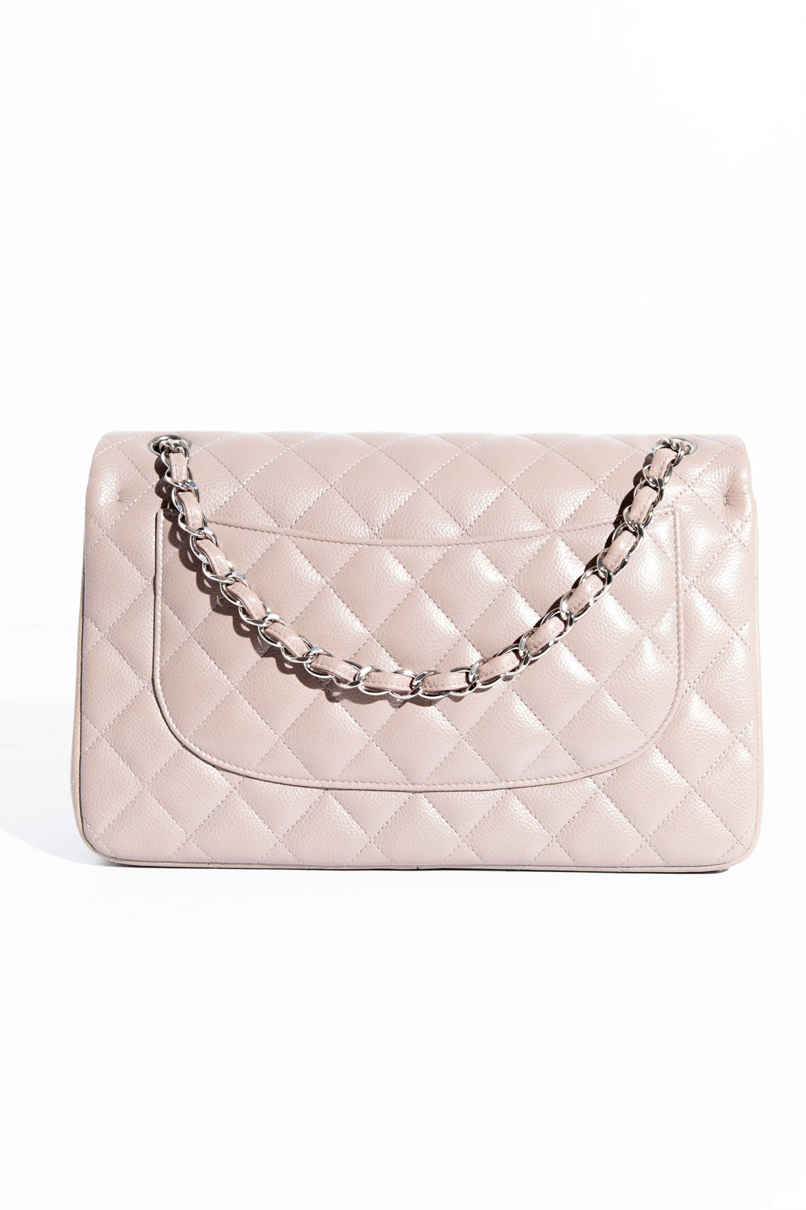 CHANEL 2015 Taupe Caviar Jumbo Classic Double Flap- Silver