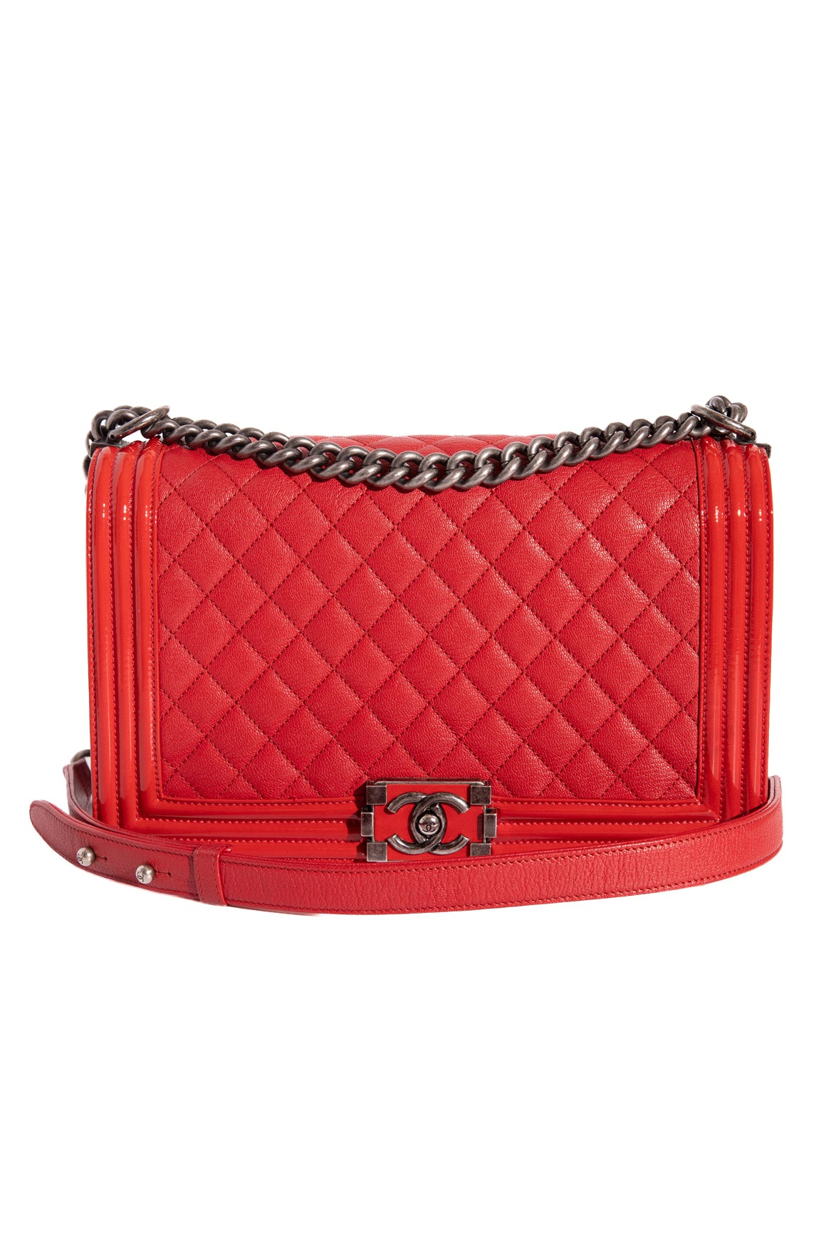 2016 CHANEL Red Caviar & Patent Large Boy Bag