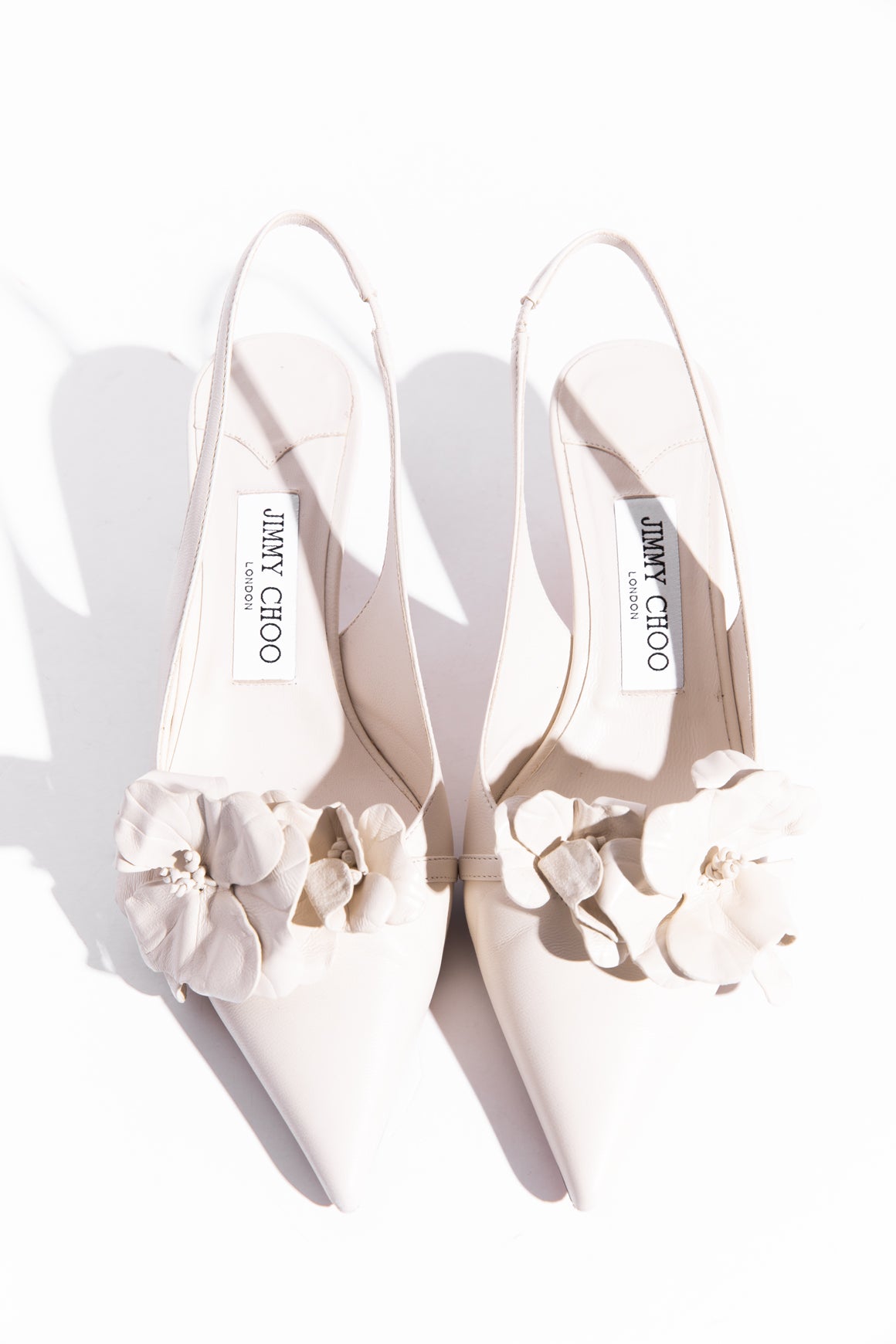 JIMMY CHOO White Floral Slingback Kitten Heels (Sz. 36.5)