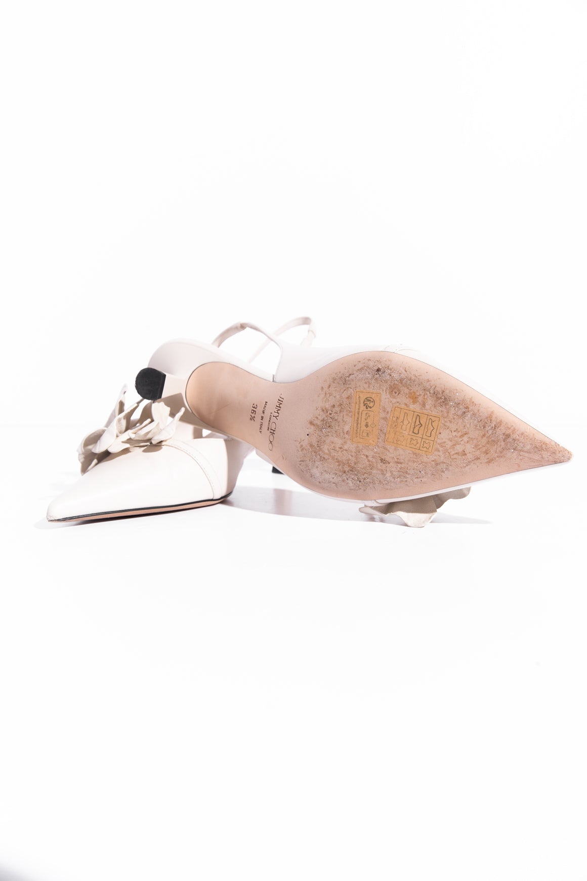 JIMMY CHOO White Floral Slingback Kitten Heels (Sz. 36.5)