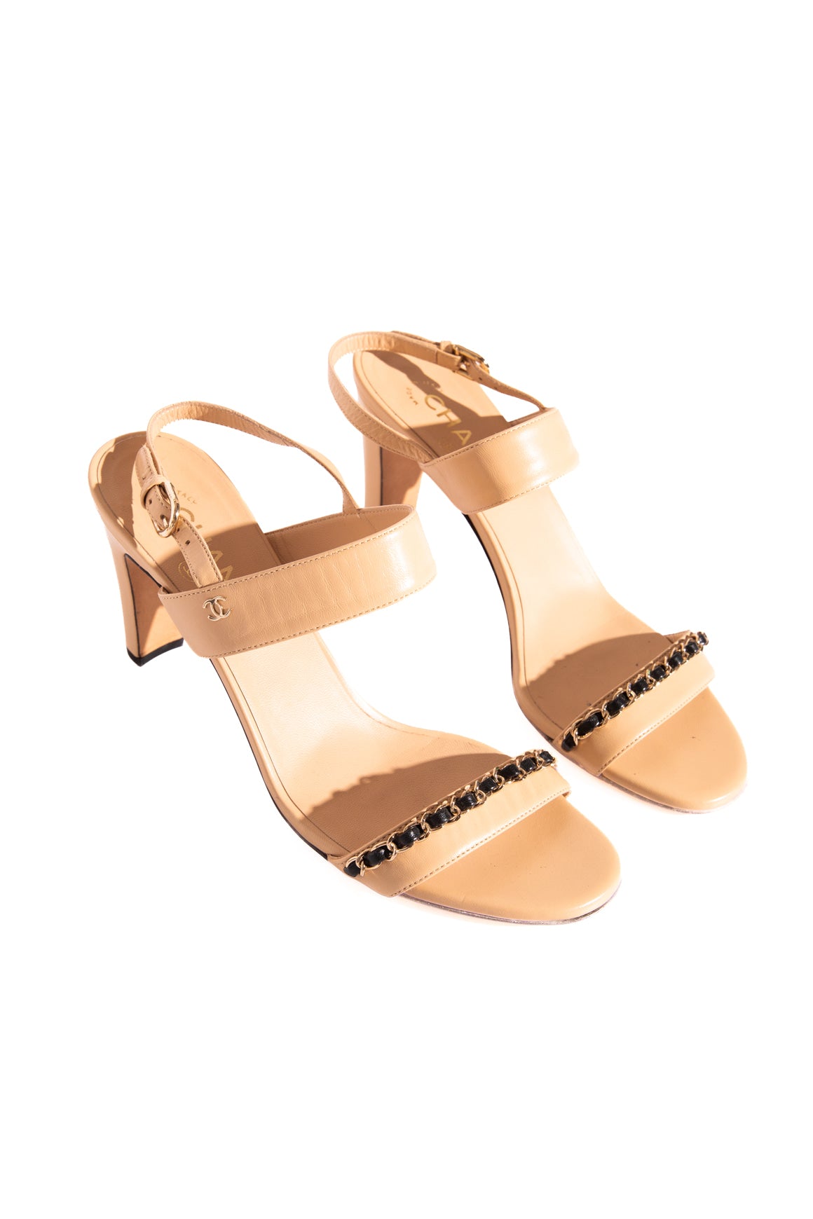 CHANEL Beige Chain Detail Heeled Sandals (Sz. 40)
