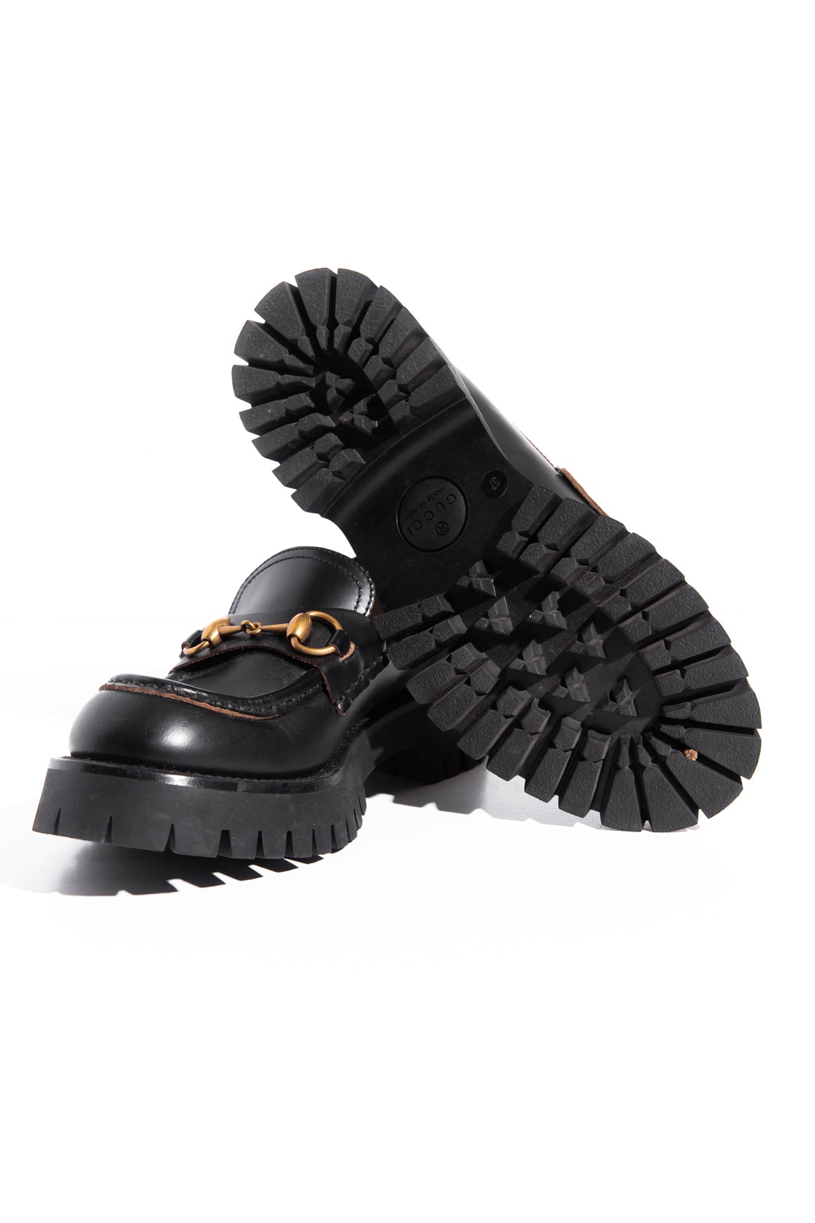 GUCCI Black Leather Lug Sole Loafers (Sz. 37)
