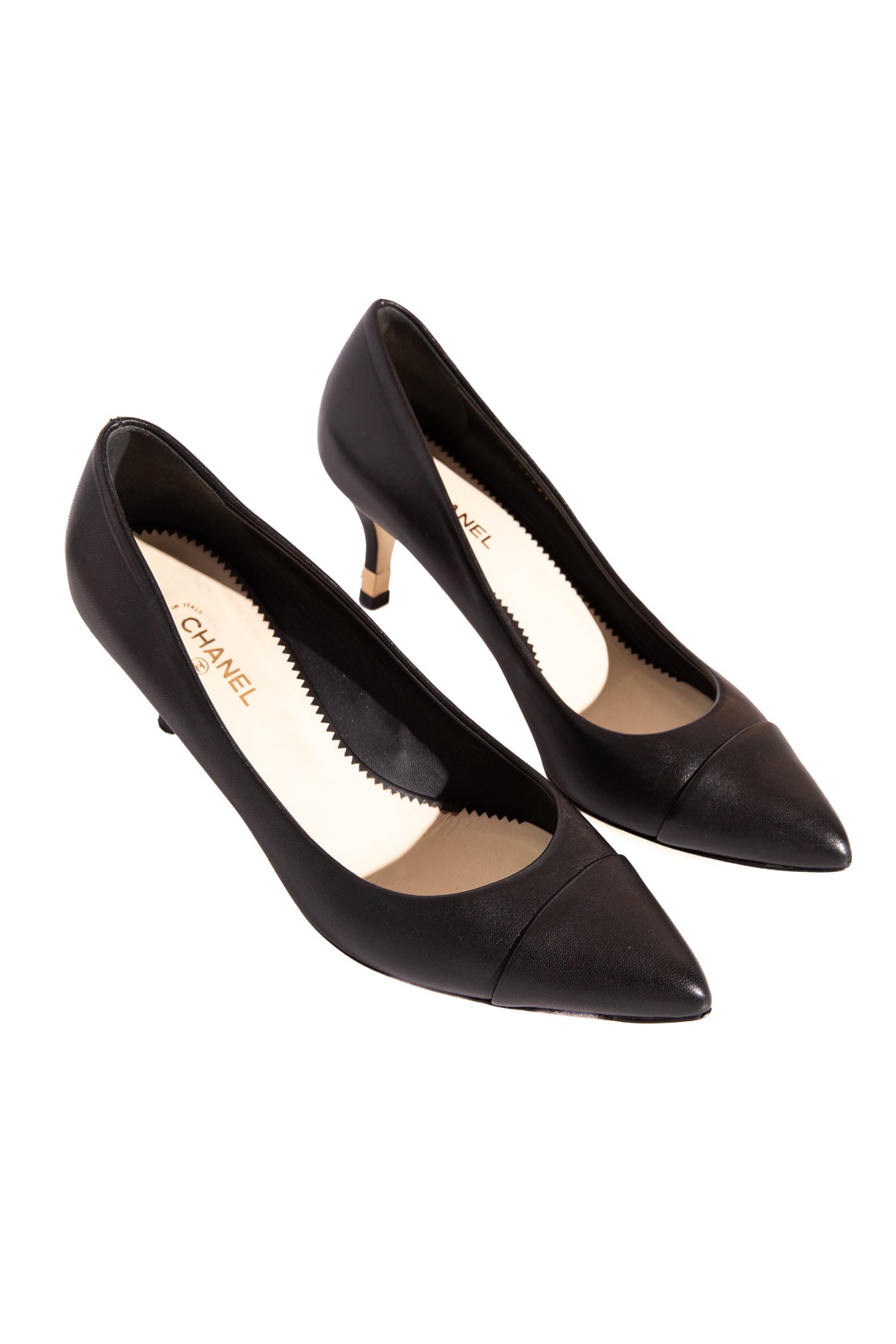 CHANEL Black Leather Toe Cap Kitten Heels (Sz. 40)