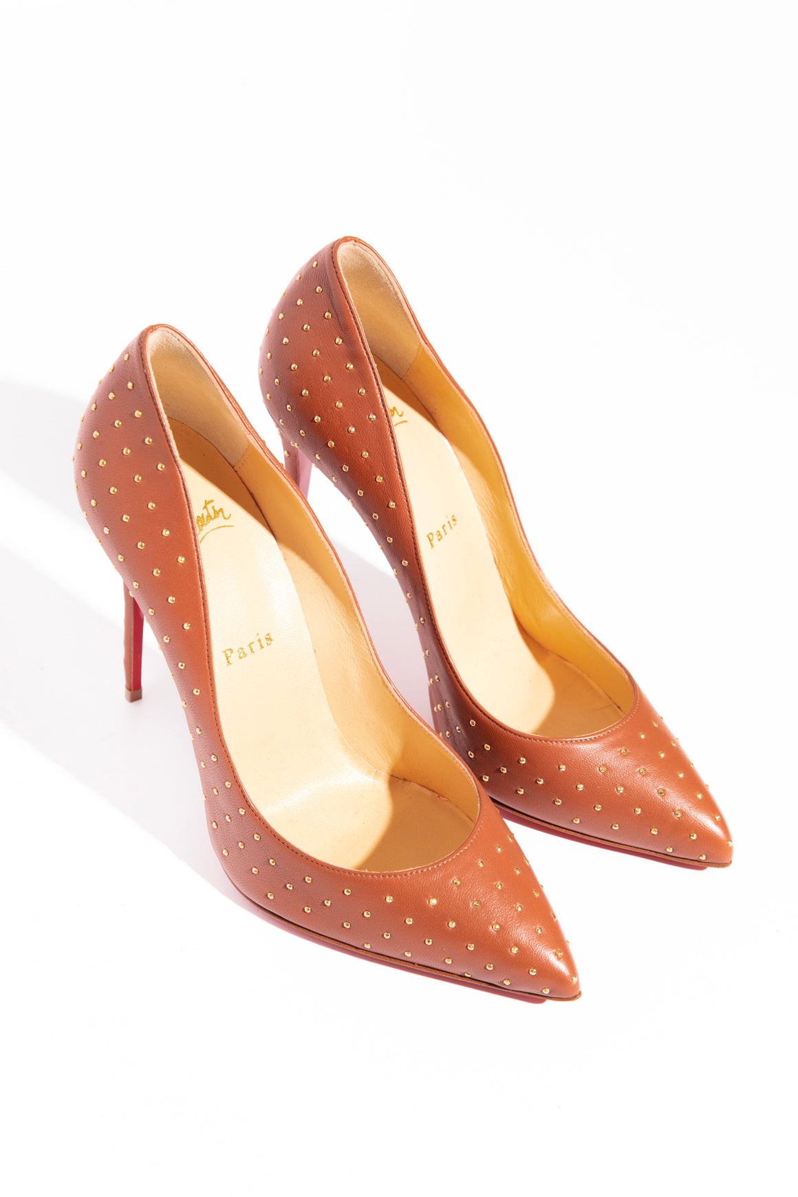LOUBOUTIN Brown Leather "Pigalle Follies" Studded Pumps (Sz. 39)