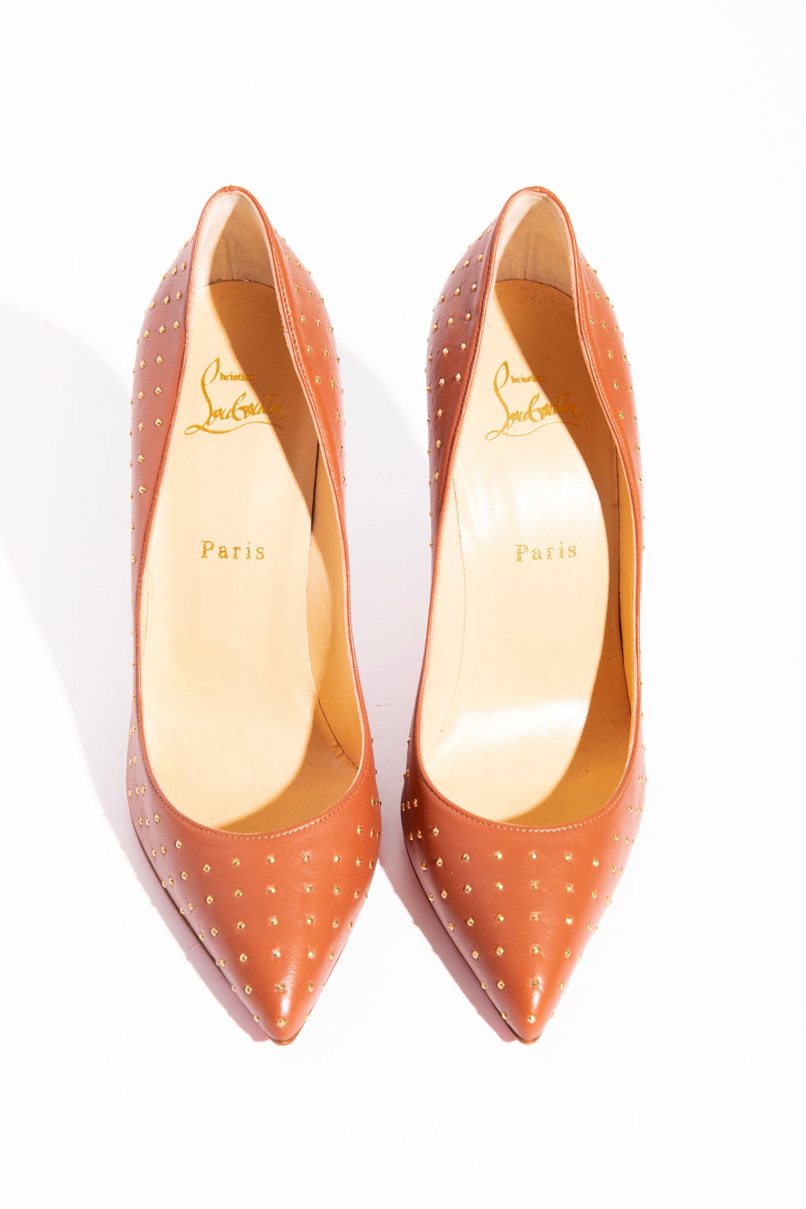 LOUBOUTIN Brown Leather "Pigalle Follies" Studded Pumps (Sz. 39)