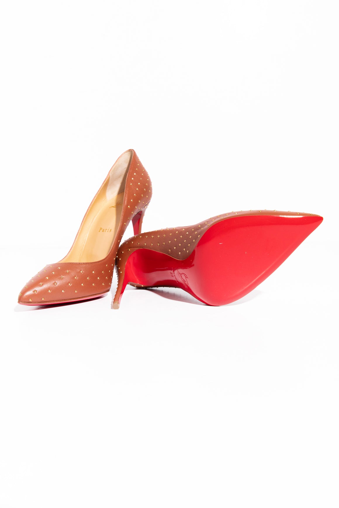 LOUBOUTIN Brown Leather "Pigalle Follies" Studded Pumps (Sz. 39)