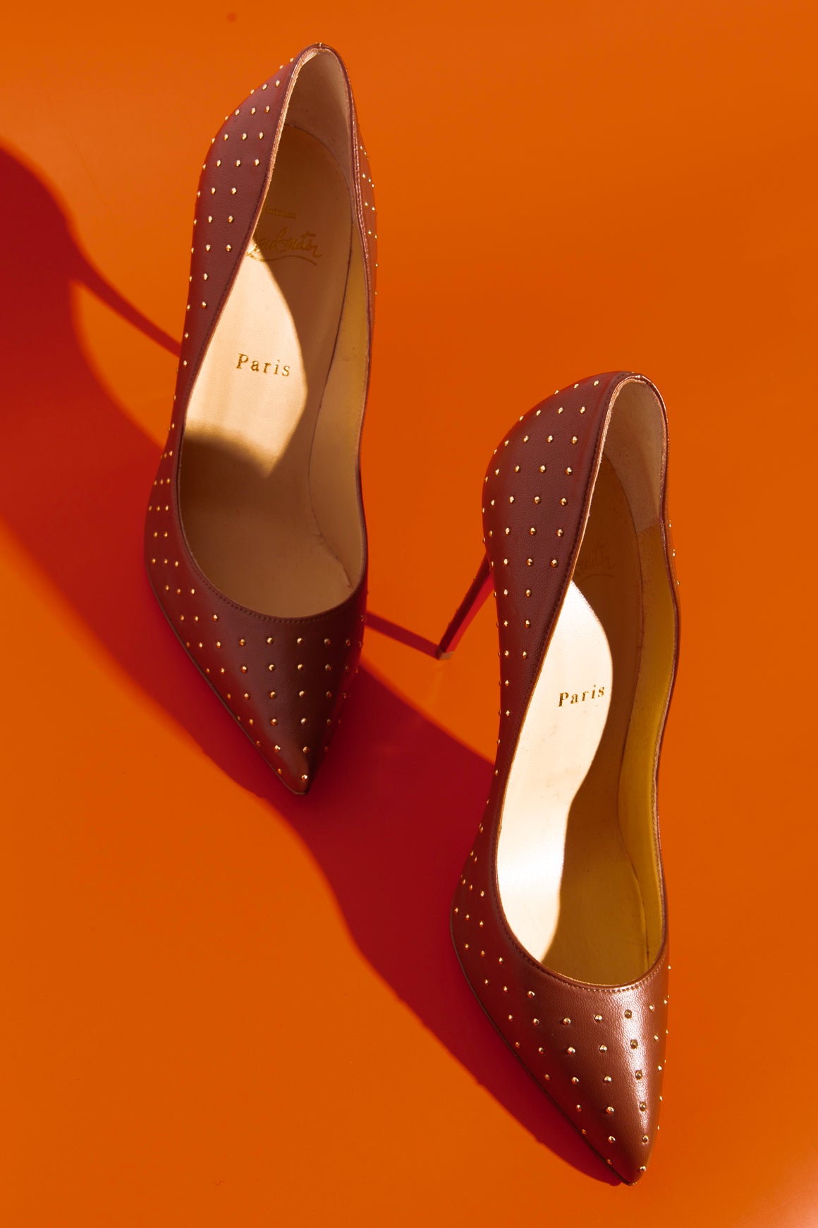 LOUBOUTIN Brown Leather "Pigalle Follies" Studded Pumps (Sz. 39)