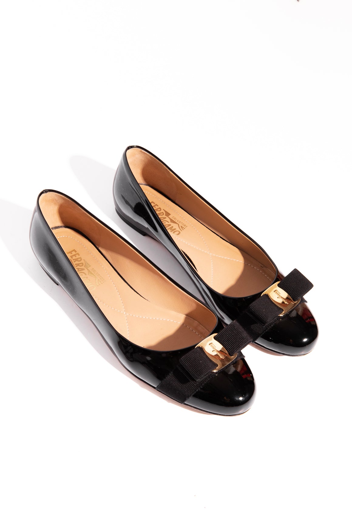 FERRAGAMO Black Patent "Varina" Ballet Flats (Sz. 9.5)