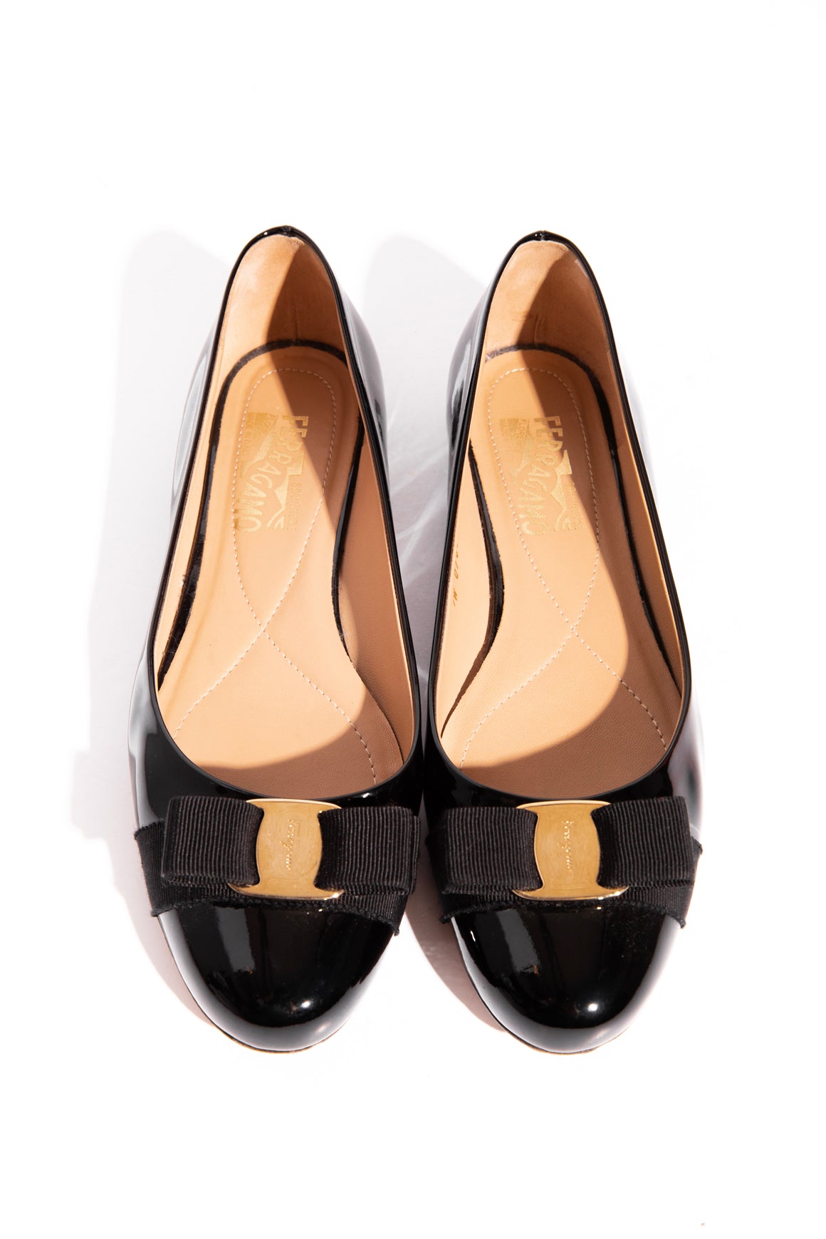 FERRAGAMO Black Patent "Varina" Ballet Flats (Sz. 9.5)