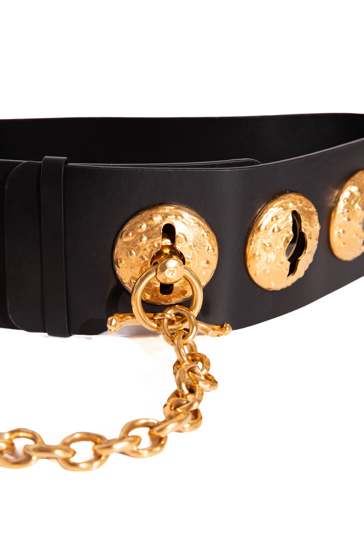 SCHIAPARELLI Black Leather Chain Waist Belt (Sz. 70/XXS)
