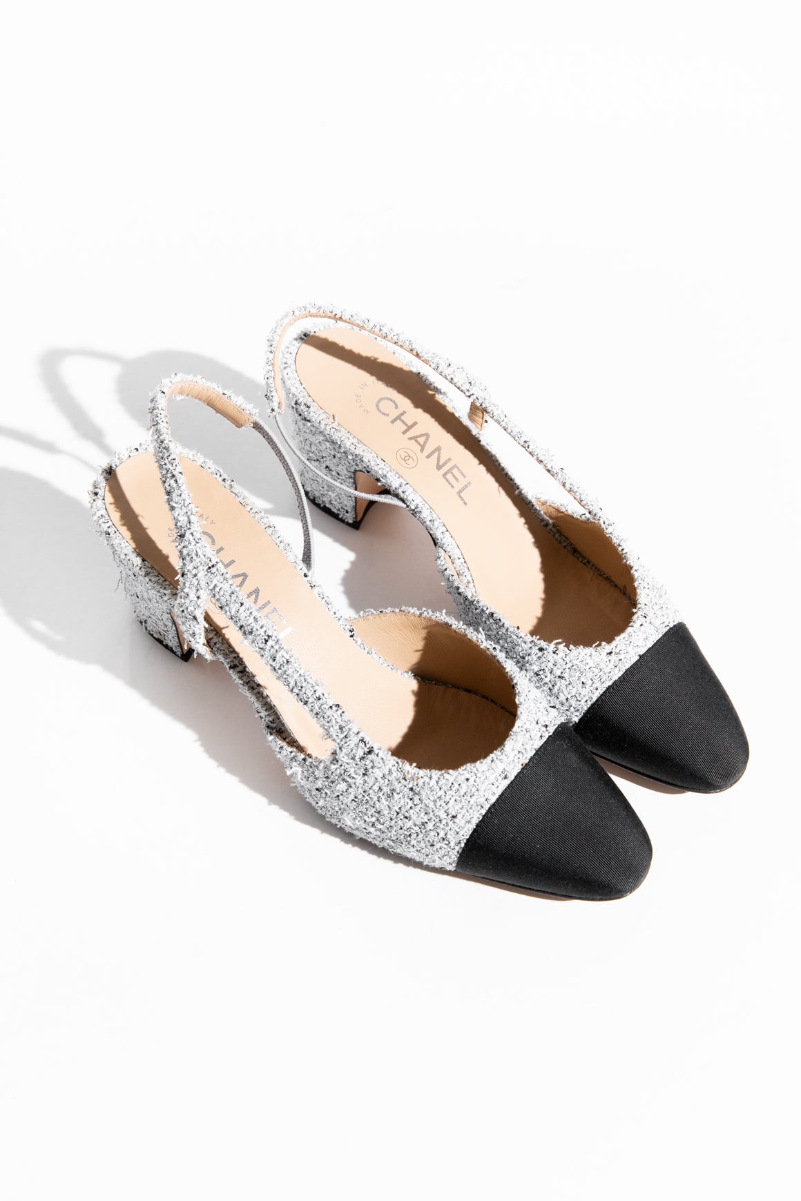 CHANEL Light Gray Cap Toe Slingbacks (Sz. 37)