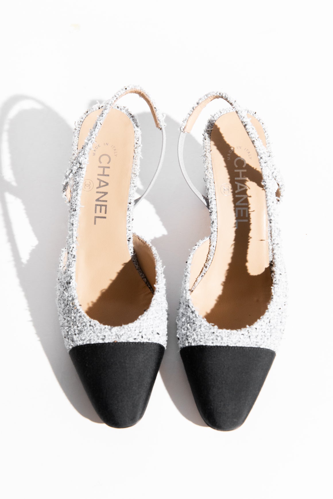 CHANEL Light Gray Cap Toe Slingbacks (Sz. 37)