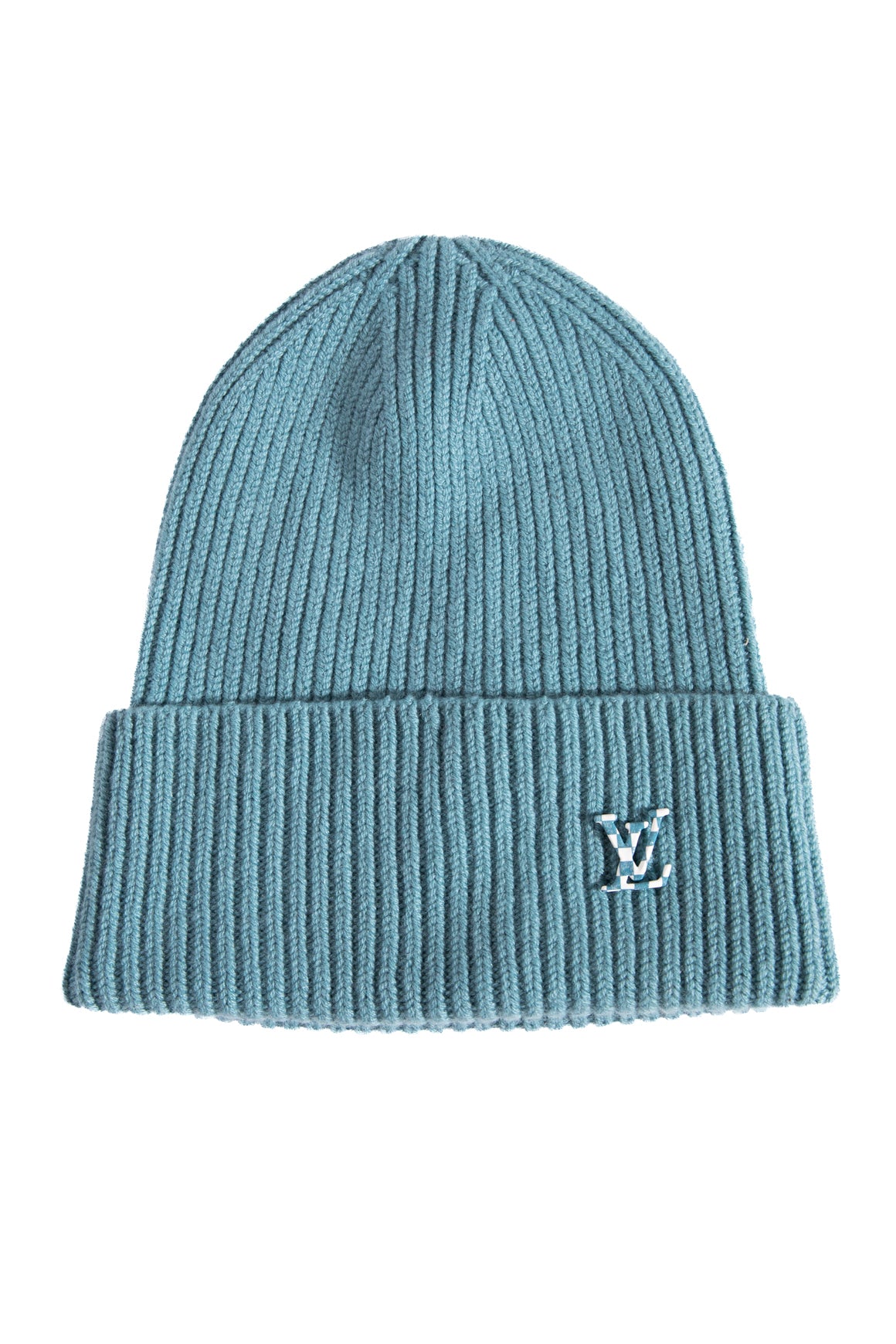 LOUIS VUITTON Teal Cashmere Beanie With Checkered Logo