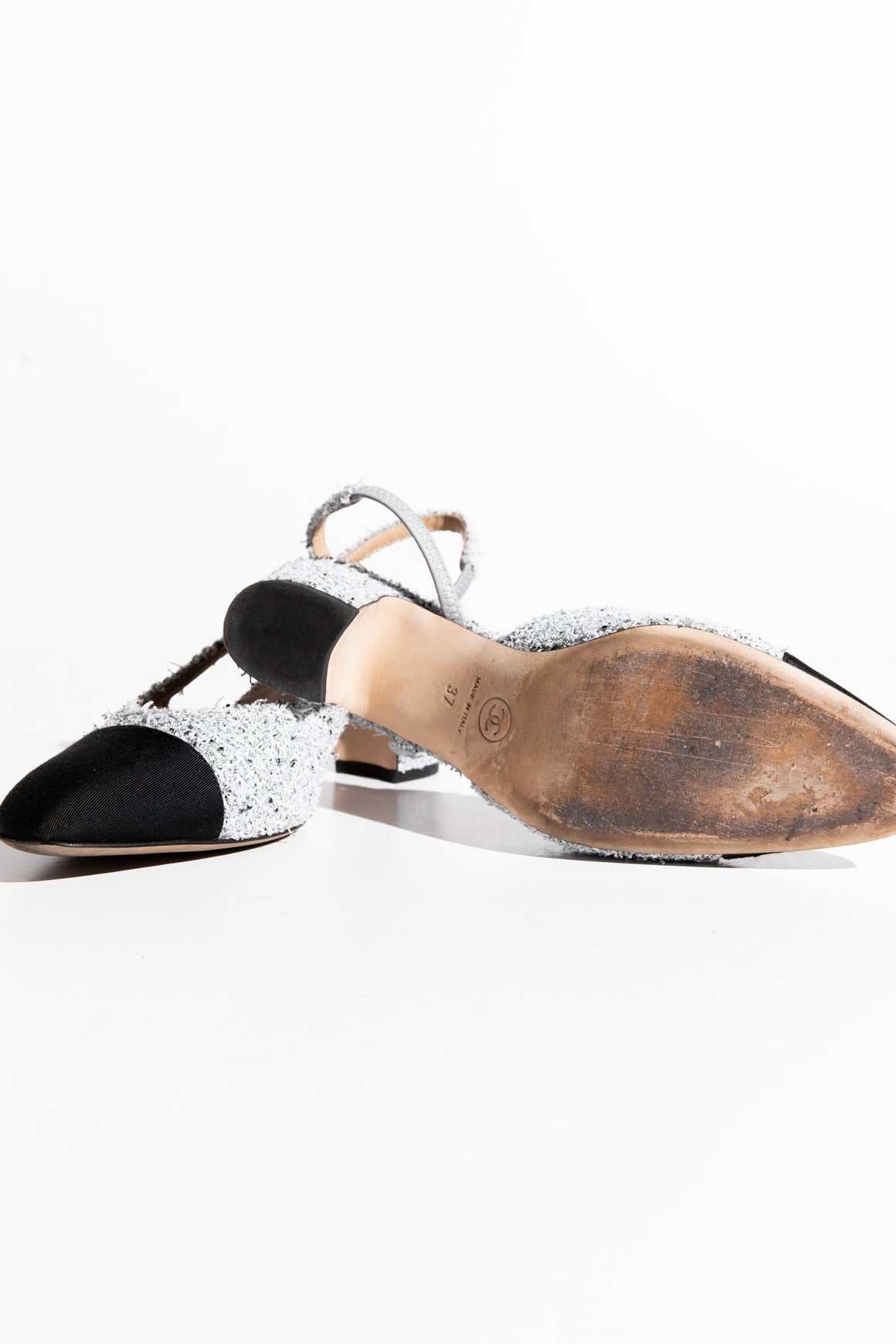 CHANEL Light Gray Cap Toe Slingbacks (Sz. 37)