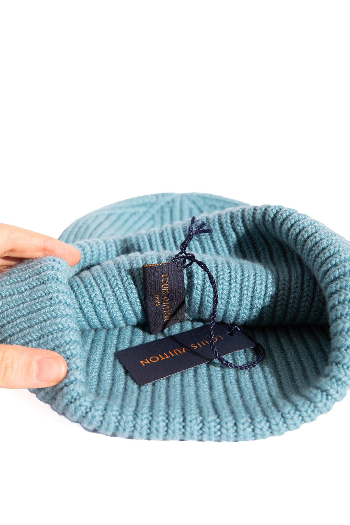 LOUIS VUITTON Teal Cashmere Beanie With Checkered Logo