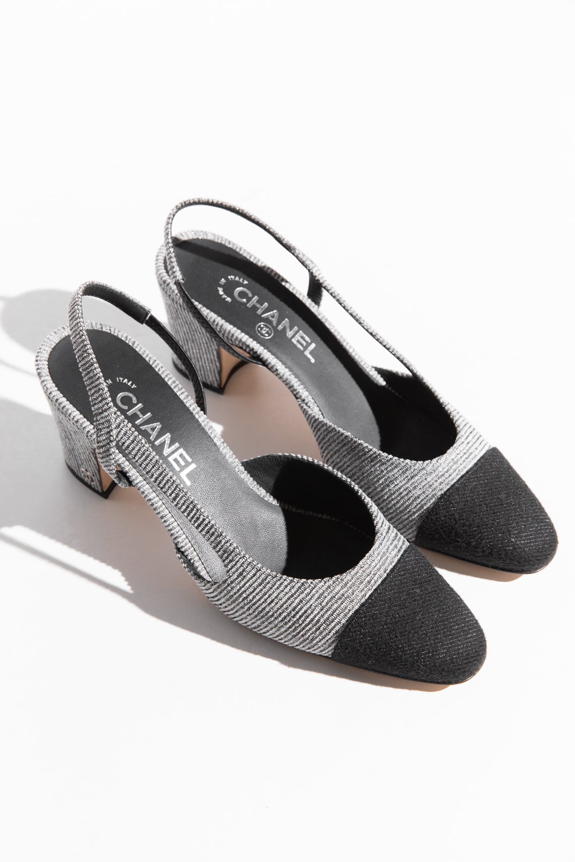 CHANEL Gray Lurex Cap Toe Sling Backs (Sz. 39)