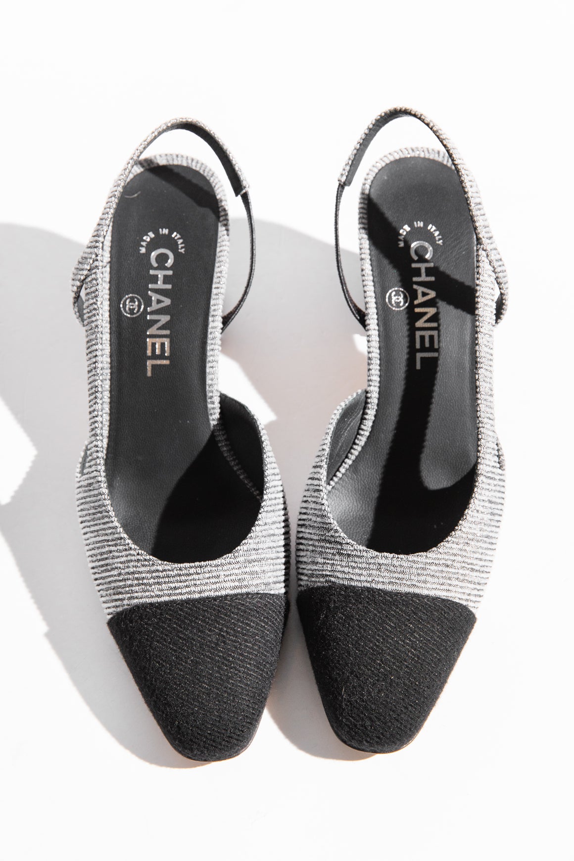 CHANEL Gray Lurex Cap Toe Sling Backs (Sz. 39)