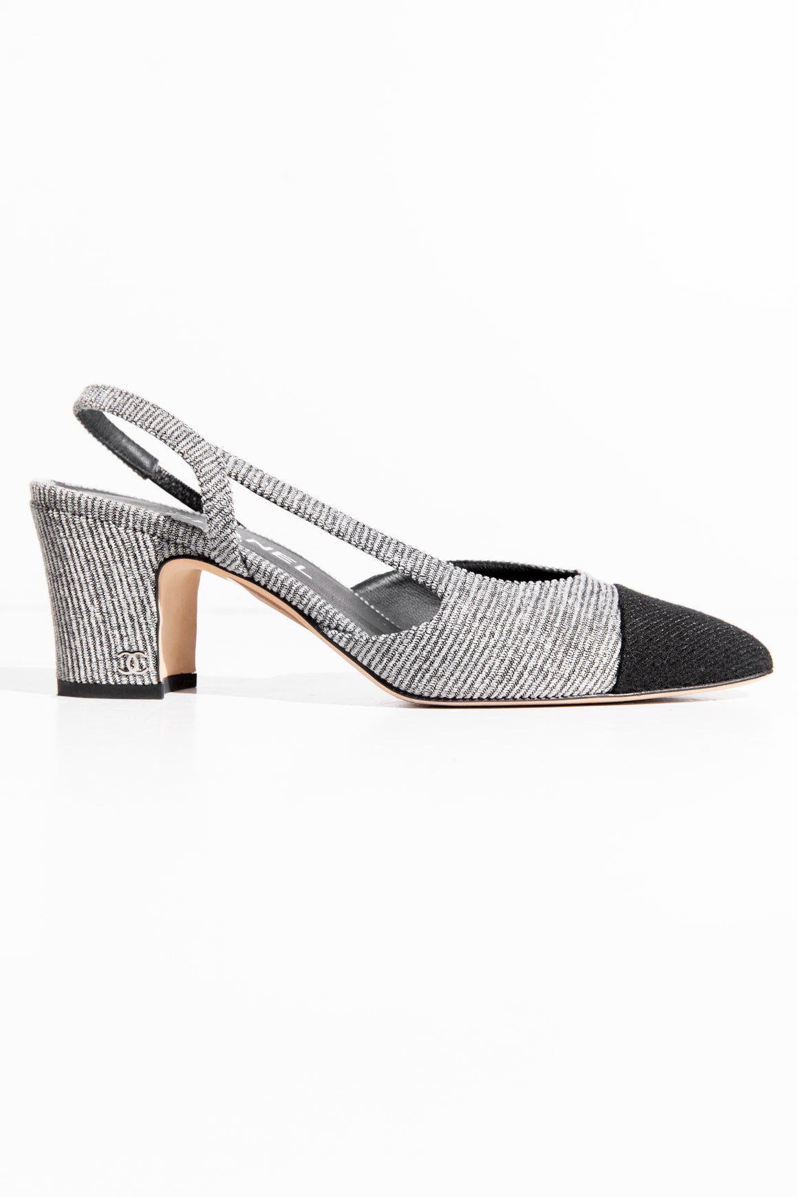 CHANEL Gray Lurex Cap Toe Sling Backs (Sz. 39)