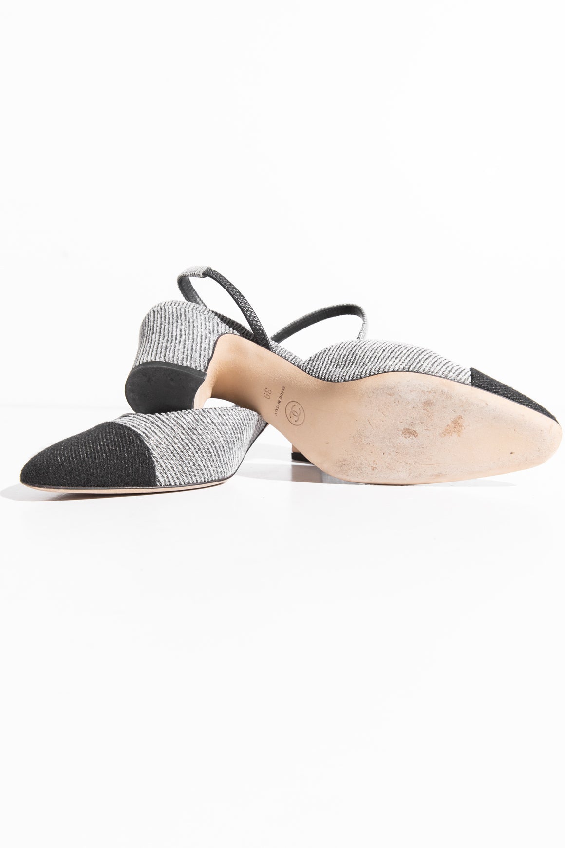 CHANEL Gray Lurex Cap Toe Sling Backs (Sz. 39)