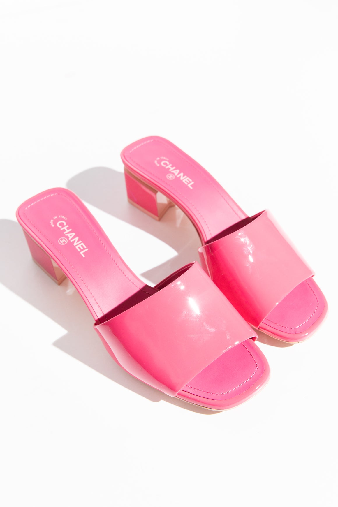 CHANEL Pink Patent Block Heel Sandals (Sz. 36.5)