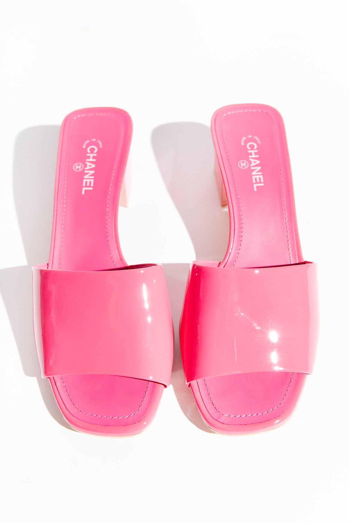 CHANEL Pink Patent Block Heel Sandals (Sz. 36.5)
