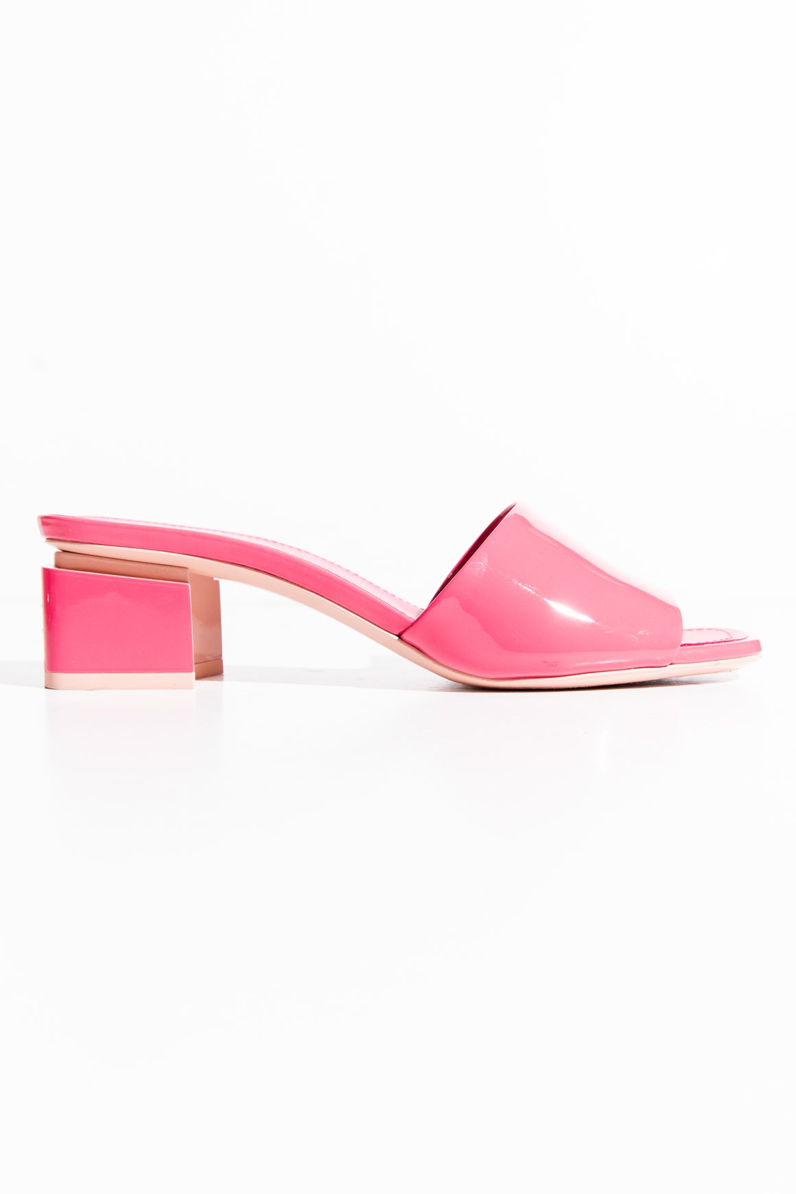 CHANEL Pink Patent Block Heel Sandals (Sz. 36.5)