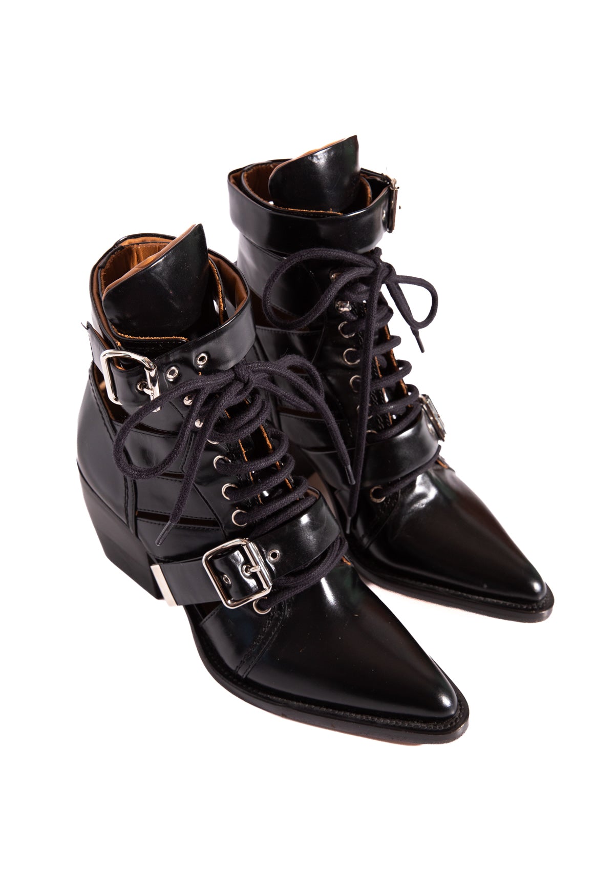CHLOE Black Cut Out Buckle Lace Front Boots (Sz. 37)