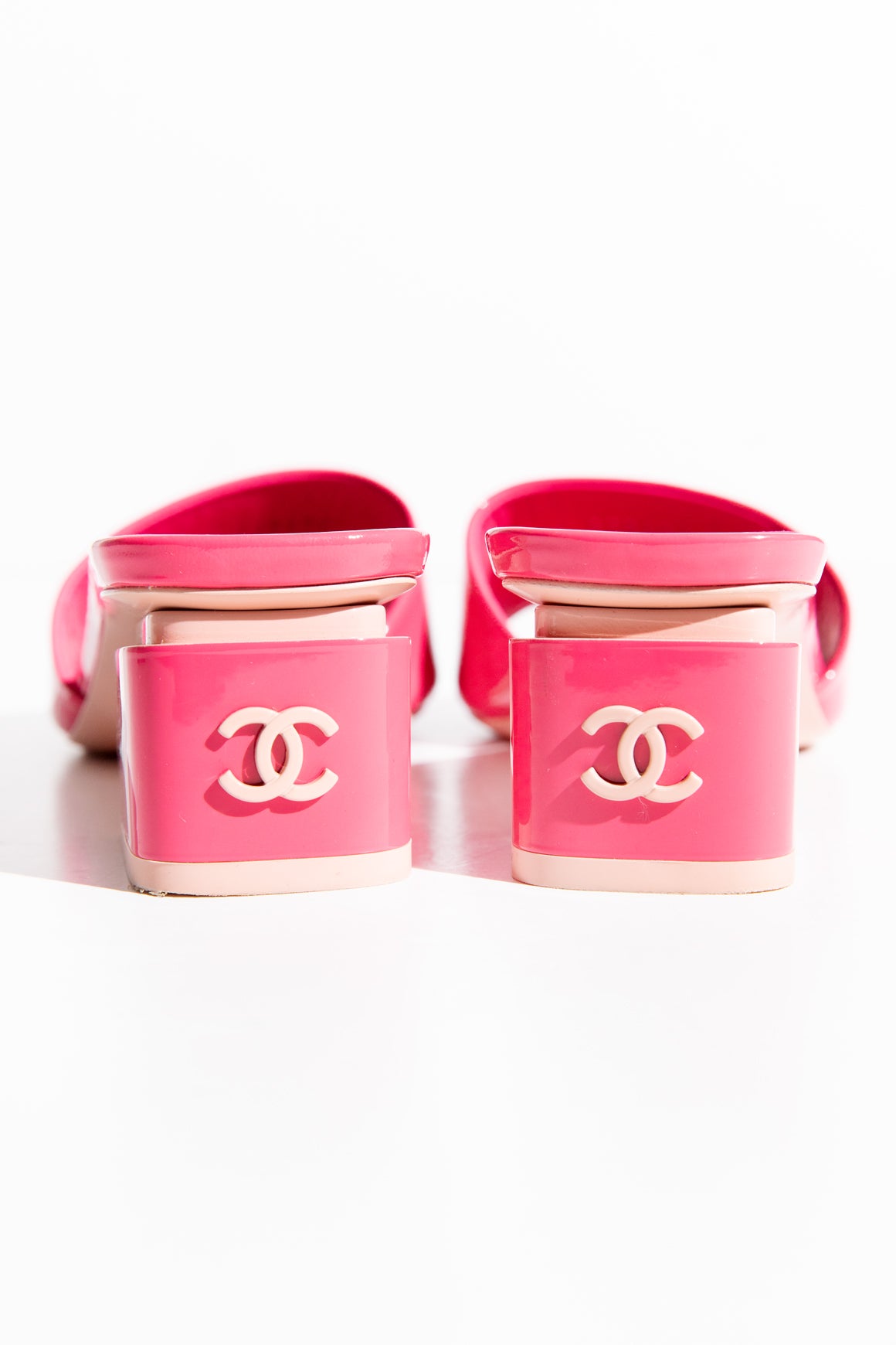CHANEL Pink Patent Block Heel Sandals (Sz. 36.5)