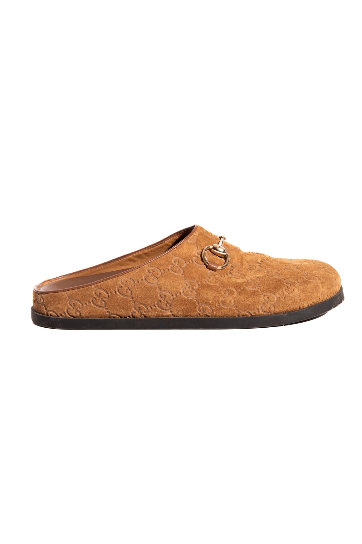GUCCI Tan Suede GG Emboss Slide Clogs (Sz. 38.5)