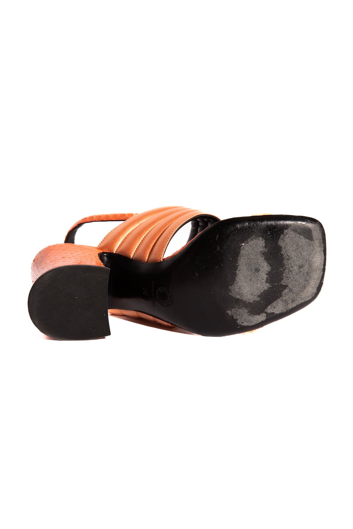 DRIES VAN NOTEN Peach Snake & Satin Block Heels (Sz. 38)