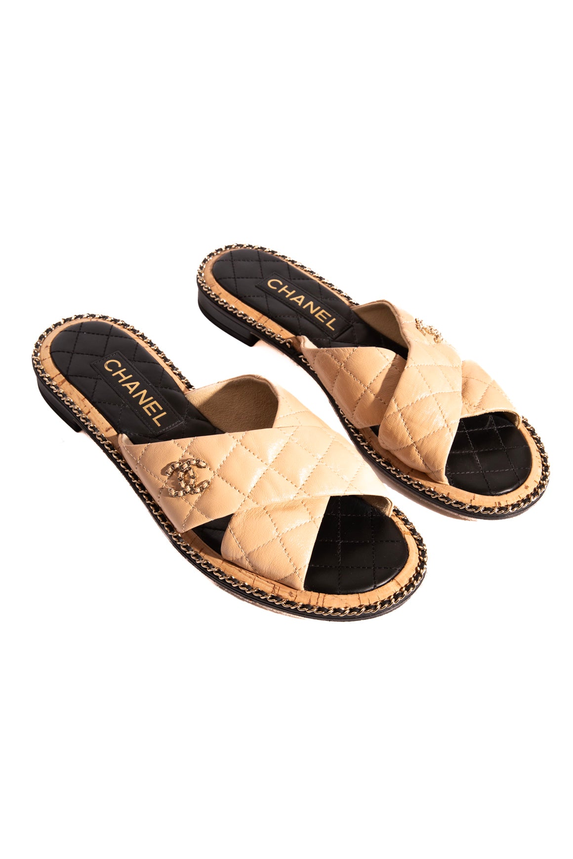 CHANEL Two Tone Quilted CC Cross Strap Sandals (Sz. 39.5)
